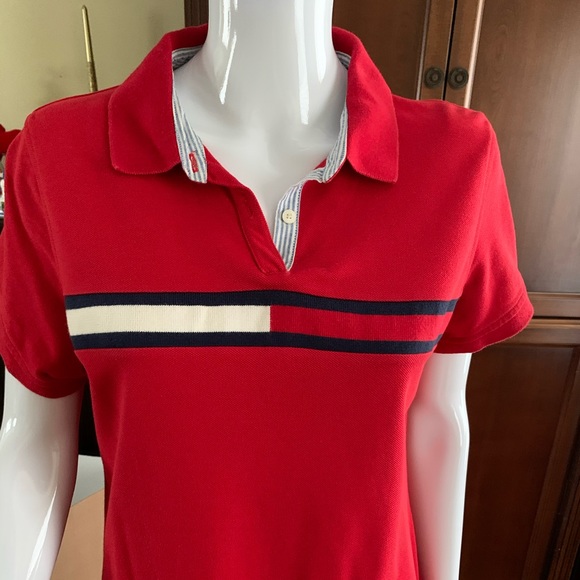 Tommy Hilfiger red cotton T-shirt dress at knee logo color blocks over chest - Picture 6 of 11